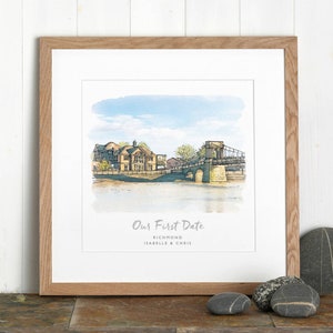 Gepersonaliseerde aquarelschets van Where We Met 1 jaar Valentijnsdag illustratie cadeau, gepersonaliseerd bruiloft valentijnscadeau kerstideeën