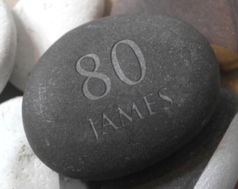 Personalised 80th birthday pebble, personalized engraved message occasion stone for keepsakes and memories, eco-friendly natural gift