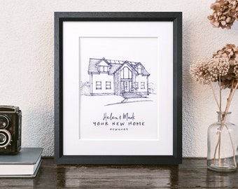 Personalised Hand Drawn House Line Illustration, Unique Pen and Ink Drawing, Custom New Home Sketch, Couple's Wall Art & Decor Print