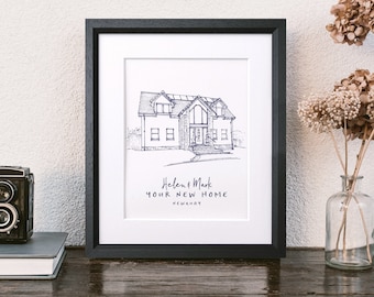 Personalised Hand Drawn House Line Illustration, Unique Pen and Ink Drawing, Custom New Home Sketch, Couple's Wall Art & Decor Print