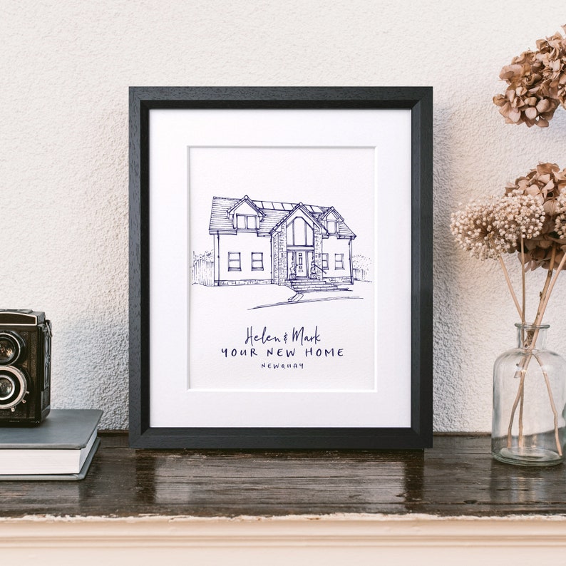 Personalised Hand Drawn House Line Illustration, Unique Pen and Ink Drawing, Custom New Home Sketch, Couple's Wall Art & Decor Print image 1