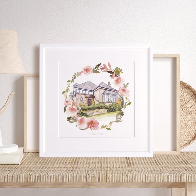 Watercolour Flower Wreath House Sketch, Personalised New Home Art, Housewarming Illustration Gift, Wall Art & Decor, Personalized Gift image 1