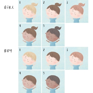 May include: Illustration of five different children with varying skin tones and hair colors. The children are all smiling and have their arms raised. The illustration is labeled "GIRL" and "BOY" with numbers 1 through 5.