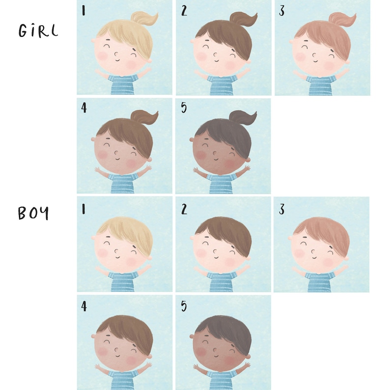 May include: Illustration of five different children with varying skin tones and hair colors. The children are all smiling and have their arms raised. The illustration is labeled "GIRL" and "BOY" with numbers 1 through 5.