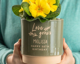 Custom Personalised Engraved Message Love Grows IndoorPot Gift for 30th 40th 50th 60th 70th Birthdays Mother's Day Engagement Present Ideas