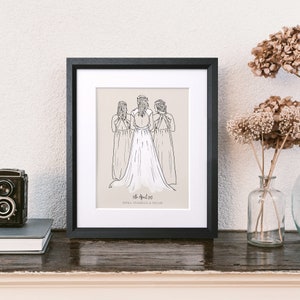 Monochrome Wedding Line Drawing Gift Unique thoughtful bridesmaid gift, Couple's, Bride and Groom, Valentines Illustration Gift image 1