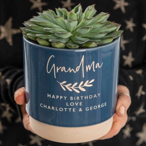May include: A blue ceramic plant pot with a succulent. The pot is inscribed with "Grandma", "Happy Birthday Love Charlotte & George" in gold. The base of the pot is cream-coloured.