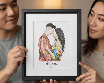Portret stel Valentijnsdag – Gepersonaliseerde handgetekende aquarel jubileumcadeau, op maat gemaakt romantisch kunstwerk voor hem of haar