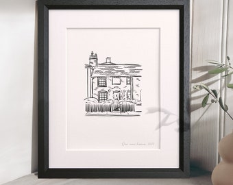 Custom Illustrated House Line Art Print, Bespoke Sketch of Any Building - Gifts for New Home, Wedding, Birthday Valentines Illustration