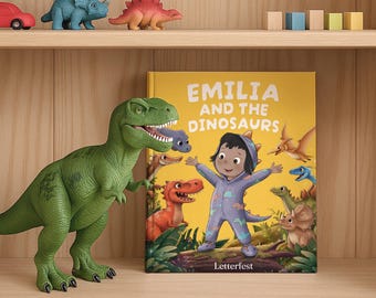 Gepersonaliseerde dinosaurus kinderverjaardagsboek – aangepast naamverhaal voor kinderen, 1e verjaardag, verjaardag, doop- of naamgevingscadeau voor kinderen