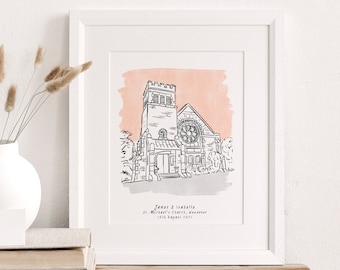 Bespoke Illustrated Wedding Venue Illustration, Wall Art Print, Wedding Valentines Gift, Personalised Sketch, Customised Hand Drawn Art