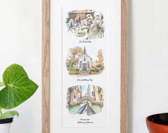 May include: A framed print with three watercolor illustrations. The top illustration shows a couple on a date. The middle illustration shows a small white church. The bottom illustration shows a gondola in a canal. The text below the illustrations reads "Our First Date", "Our Wedding Day", and "Honeymoon Anthony & Jessica".