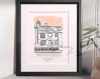 Bespoke Illustrated Home Art Print - A Beautiful Hand Sketched Illustration - Personalised New Home, Housewarming Wedding Christmas Gifts