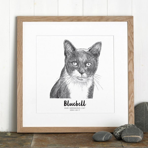Personalised Cat Sketch, Custom Animal Pencil Drawing, Bespoke Portrait, Cat Lover Personalized Gift, Memorial Artwork Wall Art Illustration