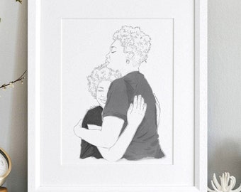 Mommy and me Line Drawing Custom Family Art Mother's Day Birthday Gifts Presents Ideas Mom Portrait  Painting Anniversary Memory Sketch