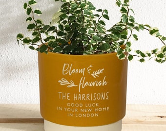 Personalised new home indoor plant pot, 'Bloom & flourish', housewarming, new house, new beginning celebration, a bespoke hand engraved pot