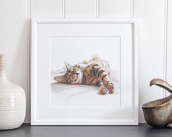 Gepersonaliseerde kattenportretcadeau – handgetekende aquarel huisdier illustratie, aangepaste kattenkunst, uniek cadeau voor kattenliefhebbers