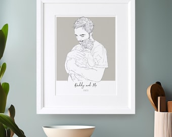 Daddy and me Coloured Line Portrait Print Perfect Gift for First Father's Day Birthday Present for Him New Dad Personalised Illustration