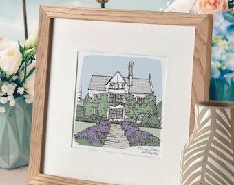 Hochzeitsort Porträt, Braut & Bräutigam Valentins Zeichnung, Boutique Hochzeit Personalisierte Illustration Wandkunst, personalisiert