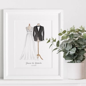 Robe de mariée et costume dessiné à la main aquarelle Illustration cadeau dessin personnalisé pour les mariés pour les idées de cadeaux de Noël en couple