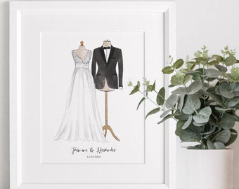 Wedding Dress and Suit Hand Drawn Watercolour Illustration Gift Personalised Drawing for Bride and Groom for Couple Christmas Present Ideas