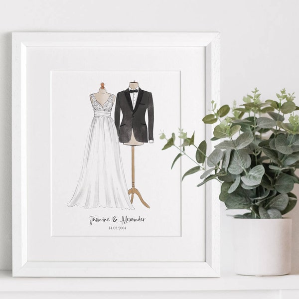 Wedding Dress and Suit Hand Drawn Watercolour Illustration Gift Personalised Drawing for Bride and Groom for Couple Christmas Present Ideas