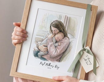 Eerste Moederdagcadeau voor kersverse moeder | Aangepast moeder- en babyportret | Gepersonaliseerde aquarelillustratie