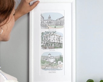 May include: A framed illustration of three locations with handwritten text below each image. The top image shows a building with a dome, the middle image shows a building with a green awning, and the bottom image shows a building with a tower. The text below the images reads "Where we first met", "Our first date", and "Our Honeymoon Jessica & Kevin".