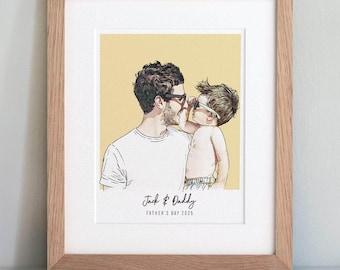 Aangepast kleurblok portret papa en ik | Gepersonaliseerde familieillustratie | Vaderdagcadeau