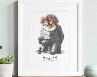 Mummy and child line Portrait, Hand drawn Family Illustration, Pen and Ink Drawing, Personalised Family Print, Mother's Day Wall Art gift