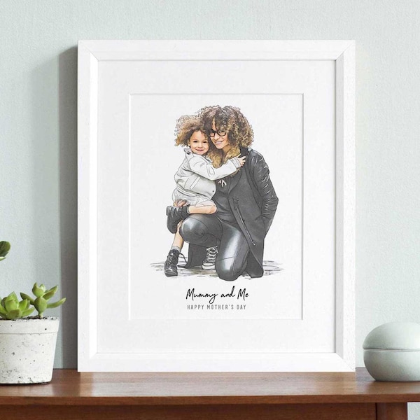 Mummy and child line Portrait, Hand drawn Family Illustration, Pen and Ink Drawing, Personalised Family Print, Mother's Day Wall Art gift