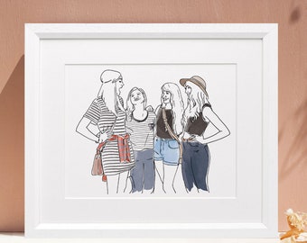 Freunde oder Familie Zeichnung, Handgezeichneter Stift und Tinte Illustration Druck, eine personalisierte Skizze, individuelles Portrait Geschenk, Einzigartige Wandkunst