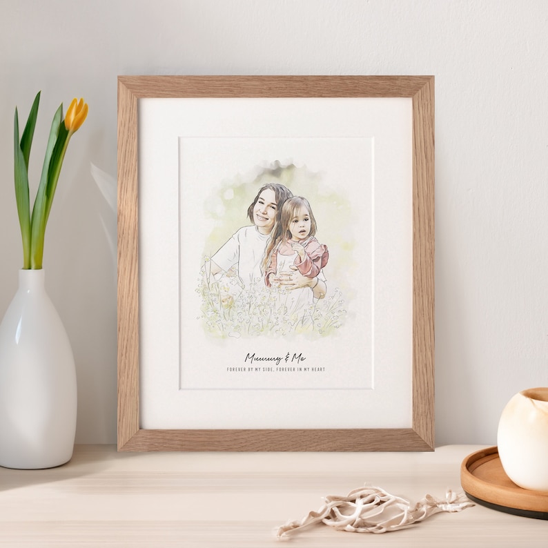 First Mother's Day Gift Mom & Baby Portrait Hand drawn Family Illustration Personalized Gift Mother's Day Print + Oak Frame