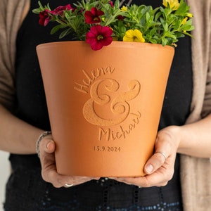 Personalised Couples Celebration Plant Pot, Beautiful Engraved Terracotta, Perfect Bespoke Valentines or Engagement Garden Eco Gift