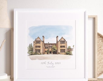 Boceto del lugar de la boda en acuarela, regalo de boda personalizado, ilustración de construcción personalizada, regalo de aniversario único - regalo de Navidad