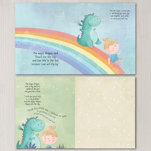 May include: A green dragon with wings flies over a rainbow with a girl sitting on it. The text reads "The magic dragon said "Reach for the sky. And live life to the full because time will fly by."