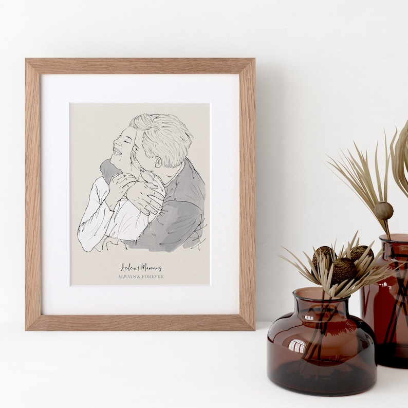 Monochrome Wedding Line Drawing Gift Unique thoughtful bridesmaid gift, Couple's, Bride and Groom, Valentines Illustration Gift image 3