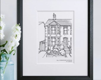 Personalised House Line Illustration Wall Gift Ideas for Couples Christmas Anniversary Present Custom Sketch Art Print Venue Pencil Drawing