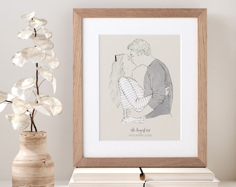 Monochrome Couples Hand Drawn Sketch, Striking Line Drawing, Personalised Illustration Gift, Wedding Valentines Gift, Unique Custom Art