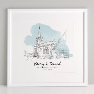 Church Line Illustration Personalized Wedding Gifts Custom Building Illustration Unique Christening Wedding Baptism Present Ideas Print