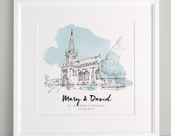 Illustration du rebord de l'église Cadeaux de mariage personnalisés Illustration de construction personnalisée Idées de cadeaux de baptême de mariage uniques à imprimer