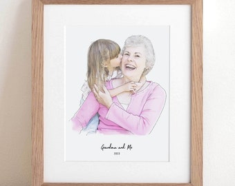 Grandma and me line Portrait, Hand drawn Family Illustration, Pen and Ink Drawing, Personalised Family Print, Mother's Day Wall Art gift