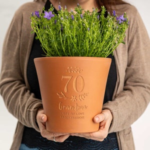 70th Birthday Personalised Plant Pot, Engraved Gift for Her or Him, Terracotta Present