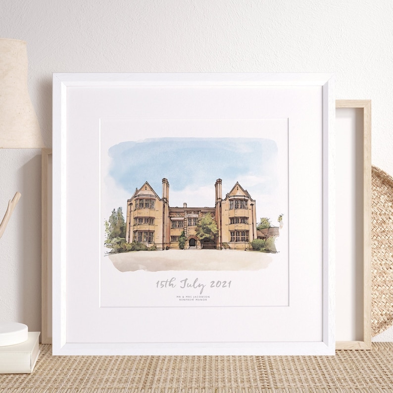 Watercolour Wedding Venue Sketch Hand Drawn Personalised Gift Custom Building Illustration, Unique Christmas Xmas Presents for Couple Ideas image 1