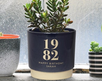 Personalised Birthday Indoor Plant Pot, Engraved to order, a special date & message, ideal gift for a Birthday or Anniversary