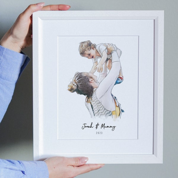 Primo regalo per la festa della mamma - Ritratto di mamma e bambino Illustrazione di famiglia disegnata a mano - Regalo personalizzato per la festa della mamma