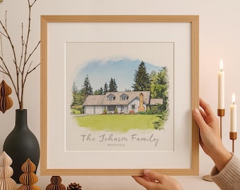 Gepersonaliseerde huisportret aquarel, handgetekende huisillustratie, housewarming of eerste huiscadeau