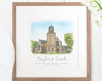 Personalized Wedding Church Watercolor Venue Sketch Drawing Hand Drawn Art for Couple Anniversary Christmas  Xmas Gifts Ideas Print Presents