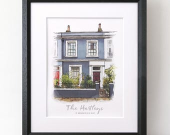 Gepersonaliseerde handgetekende aquarel huisportret. Doordacht kunstcadeau voor hem, haar, grootouders en stelletjes. perfect voor nieuwbouwwoningen