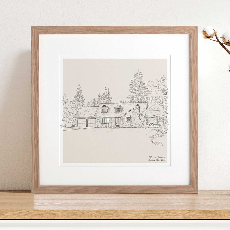 Hand Drawn Bespoke House Sketch Custom Illustration New Home Gift Personalised Art Housewarming Drawing Mother's Day Gift Ideas Presents Oak